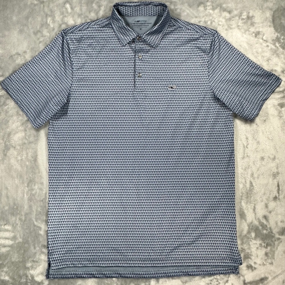 Vineyard Vines Mens On-The-Go Sankaty Polo Shirt Blue Marlin Print Medium M